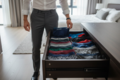 Man selecting from organized drawer of boxers for a men’s underwear style guide and wardrobe inspiration