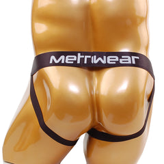 Black metriwear briefs displayed on a glossy gold mannequin torso highlighting metro malewear cock bra jock strap design