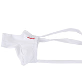 White fabric jockstrap with thin straps and a small red logo on the waistband from MetroMaleWear 3D Chaps Thongs 0007-00