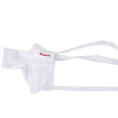 White fabric jockstrap with thin straps and a small red logo on the waistband from MetroMaleWear 3D Chaps Thongs 0007-00