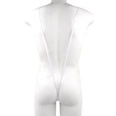 White sheer one-piece swimsuit with thin straps and deep back cutout by metro male wear titled miami bodysuit white 0008-00