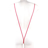 A sleek vibrant red MetroMaleWear Miami bodysuit with a minimalist white rectangular tag at the end of the lanyard