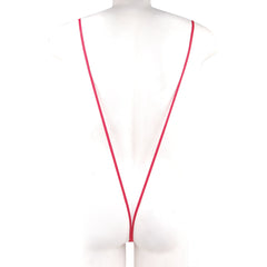 A sleek vibrant red MetroMaleWear Miami bodysuit with a minimalist white rectangular tag at the end of the lanyard