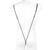 Black leather strap with adjustable metal clasps and a white cylindrical attachment from MetroMaleWear Miami bodysuit black 0008-20