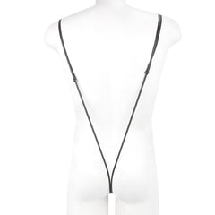 Black leather strap with adjustable metal clasps and a white cylindrical attachment from MetroMaleWear Miami bodysuit black 0008-20