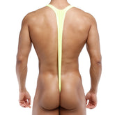 A vibrant lime green metroMalewear kini one-piece swimsuit with a distinctive y-back design shown from the back