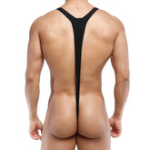 MetroMaleWear Kini Black 0009-20 black form-fitting y-back bodysuit made of sleek stretchy material shown from the back