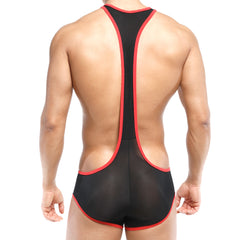 Black mesh wrestling singlet with red trim by metromalewear acme singlet red 0010-12 for athletic use