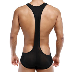 Back view of metroMalewear acme singlet black 0010-20 featuring a form-fitting racerback design and mesh panels