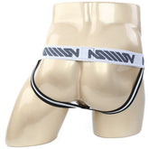 Black and white striped athletic briefs with bold gray metroMalewear logo waistband for support and comfort