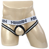 Men’s black and white striped briefs with branded waistband metro malewear ball lifter jock strap white 0012-00