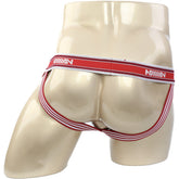 Red and white striped athletic briefs with branded waistband metro male wear ball lifter jock strap red 0012-12