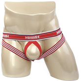 Red and white striped men’s briefs with central red ring design and minov waistband from metromalewear ball lifter jock strap