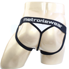 Black and white metromalewear ball holder jock strap thong with wide waistband and bold white brand lettering