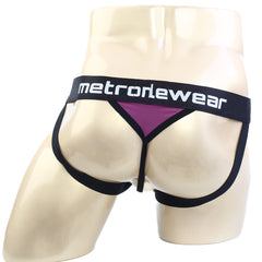 Black and purple athletic briefs with bold metrowear logo waistband part of metromalewear ball holder jock strap burgundy 0013-19