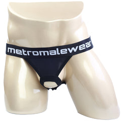 Black metromalewear ball holder jock strap briefs with white logo waistband designed for support and comfort
