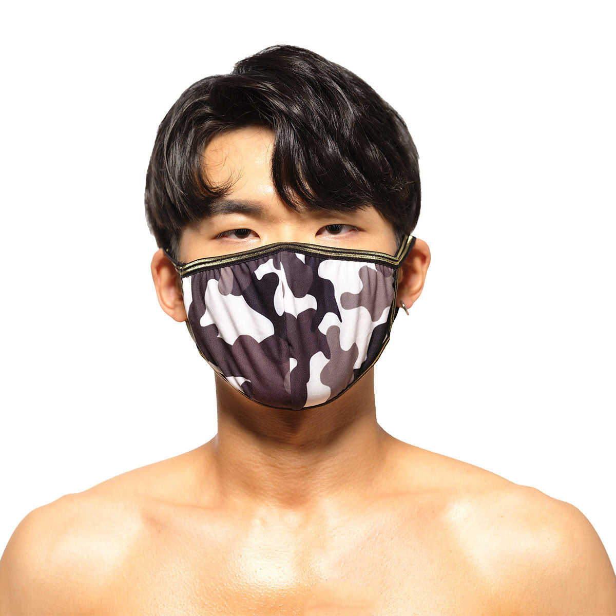 MetroMaleWear face mask camo 0111-67 black and white camouflage fabric with gold-trimmed edges for stylish protection