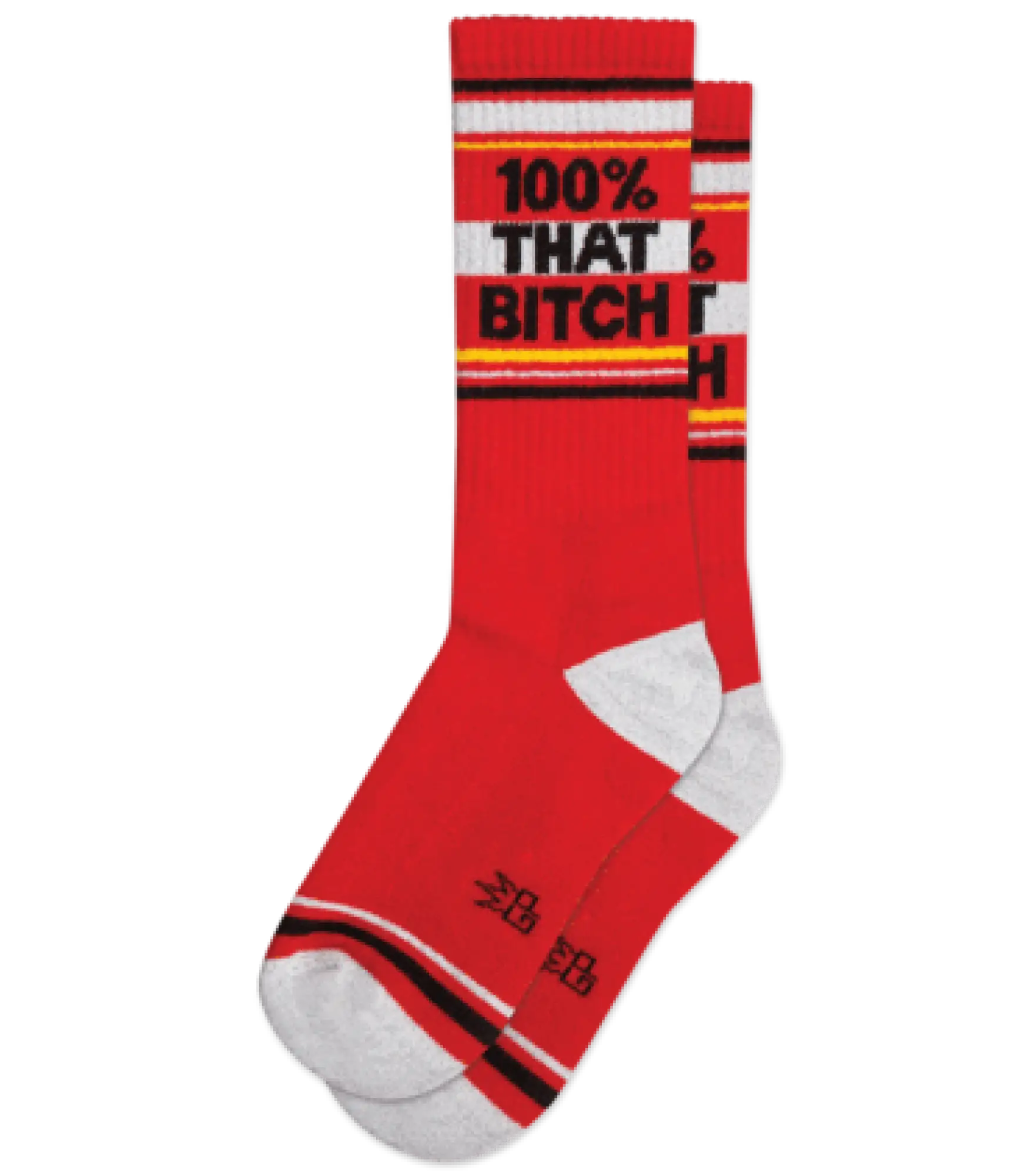 Red crew socks with white and black stripes featuring bold text 100% that bitch across the top section