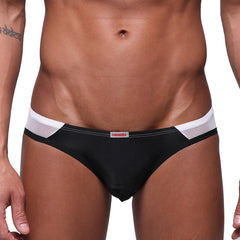 MetroMalewear Alexa bikini black briefs with white mesh trim and red nandi logo on the waistband