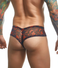 Black and red floral-patterned sheer thong with fitted low-rise design from Justin and Simon cheek fun prints collection