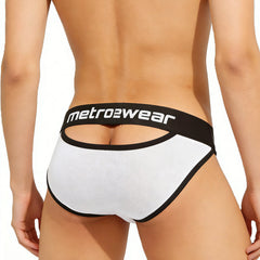 MetroMaleWear Audace bikini briefs in white and black textured fabric with bold branding on the waistband