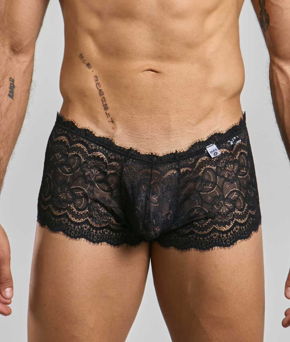 Black lace boxer shorts with intricate floral patterns and delicate frayed hem for men lace boxer short rose
