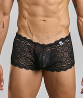 Black lace boxer shorts with intricate floral patterns and delicate frayed hem for men lace boxer short rose