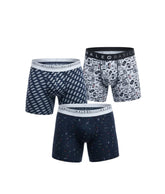 Three-pack of malebasics men’s boxer briefs in navy blue and white patterns with branded elastic waistbands