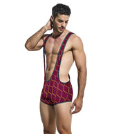 Maroon and gold patterned men’s wrestling singlet with black trim designed for MOB performance