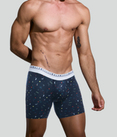 Navy blue malebasics boxerbrief party with white elastic waistband and colorful abstract patterns on fabric