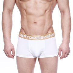White men’s briefs with a gold waistband featuring metromalewear logo metroMalewear body boxer brief white 1023-00