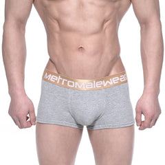 Gray heathered metro-malewear body boxer briefs with gold elastic waistband and white logo for comfortable wear