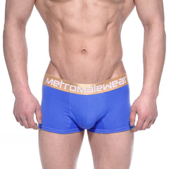 Royal blue metro male wear body boxer briefs with gold waistband featuring metro male wear logo for men