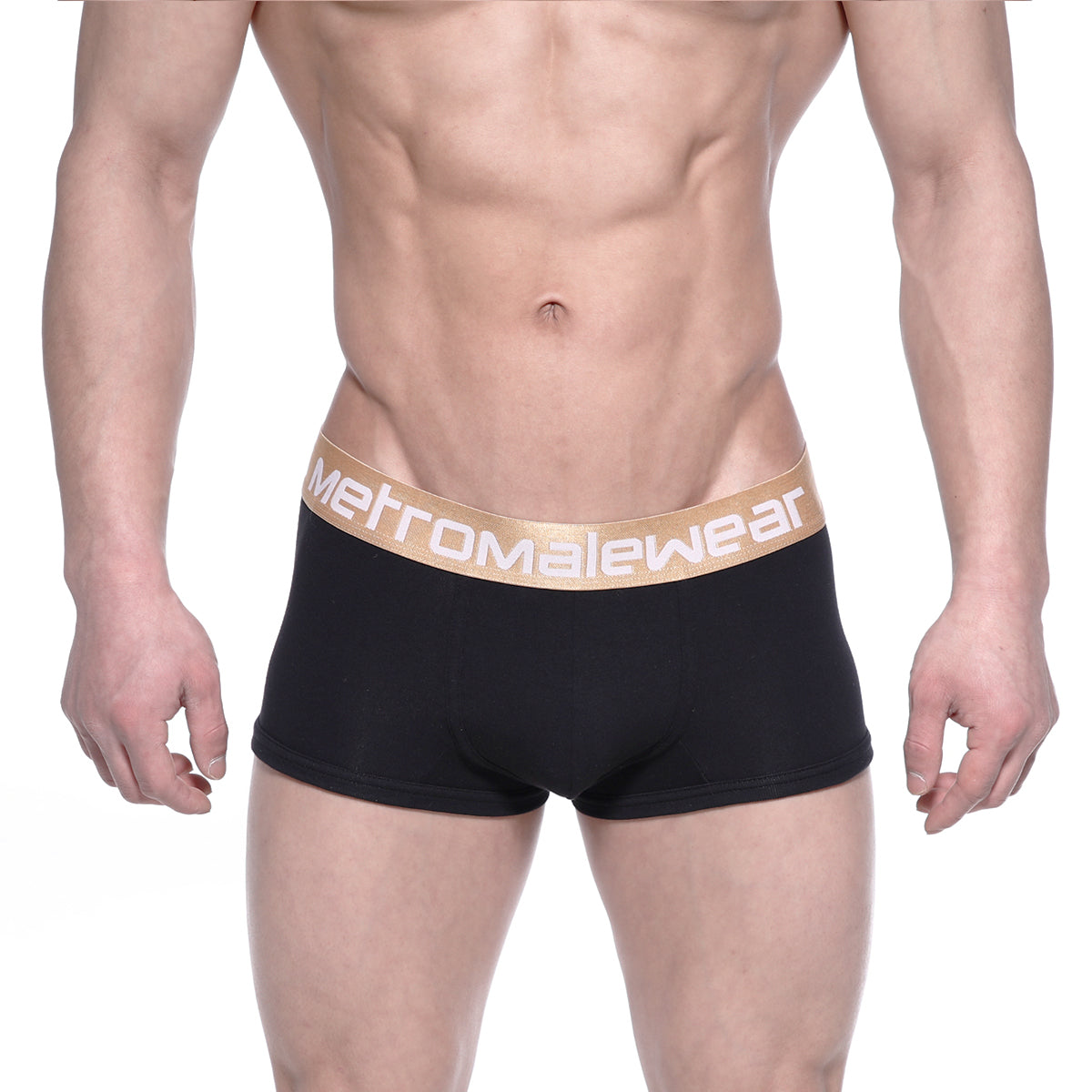 MetroMalewear body boxer brief black with gold elastic waistband and white logo lettering for comfortable support