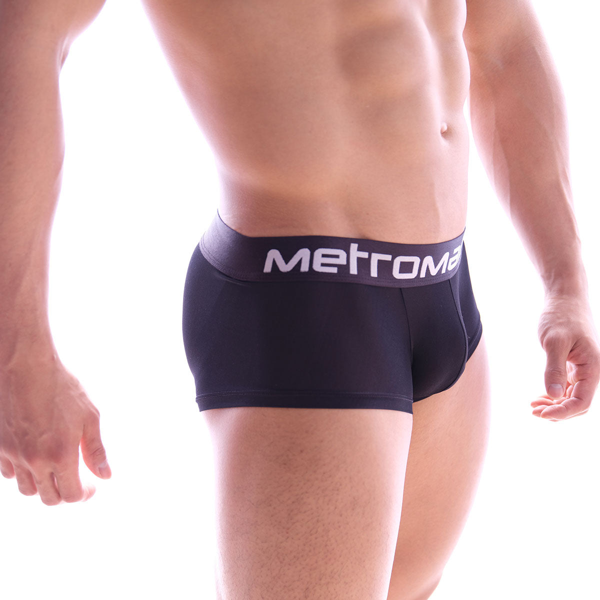 Black metroma men’s briefs with white logo waistband designed for butt support trunk 1026-31