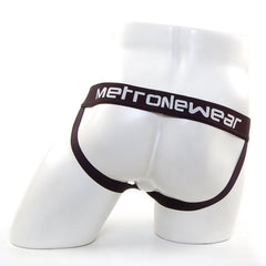 Black metro male wear briefs with sleek form fitting design and contrasting white waistband lettering front view
