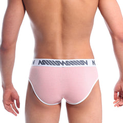 MetroMalewear classic ribbed briefs in marshmallow pink with white waistband and gray logo pattern on the band