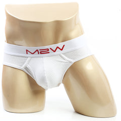 White m2w brand briefs with ribbed texture and red logo on waistband metro male wear bold ribbed brief white 1103-04