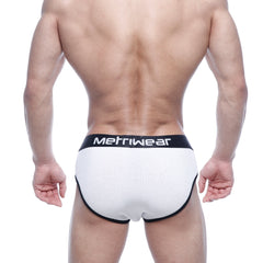 MetroMaleWear classic ribbed briefs in white with black trim and waistband featuring the metrwear logo