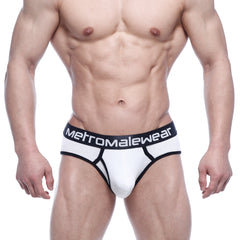 White and black metro malewear classic ribbed briefs with logo waistband made from comfortable athletic fabric