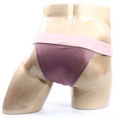 MetroMaleWear cosmos bikini lilac brief in shimmering mauve satin with a soft pink waistband for stylish comfort