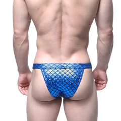 MetroMaleWear royal blue Brazilian bikini swim briefs with a blue mermaid-scale pattern for stylish swimwear