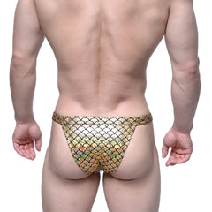 Gold holographic fish scale patterned brazilian bikini thong by metromalewear for men