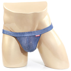 Blue denim thong with red metro malewear brand tag on waistband from brazilian bikini denim 1124-62 collection