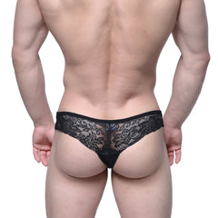 MetroMaleWear Aragon thong black featuring intricate floral lace patterns and a sheer delicate design