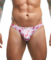 Pink patterned classic tanga thong with bow and ribbon designs and white justin simon waistband by justin simon