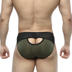 Olive green mesh-backed briefs with black elastic waistband and cutout detail by metromalewear contento bikini khaki 1205-26