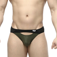 Olive green mesh-trimmed briefs with black elastic waistband and white metro male wear brand tag contento bikini khaki