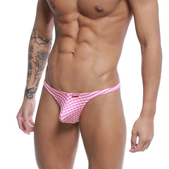 Metro male wear angosto thong plaid 1232-60 pink and white gingham patterned men’s thong with red brand tag on waistband