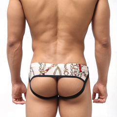 White briefs with chain and red accent pattern black trim from metromalewear despejado jock strap lujos 1301-31